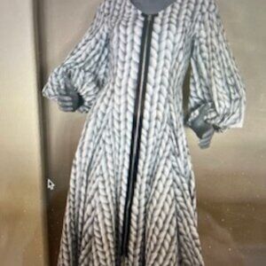 NY77 black/gray white print cotton dress lined zip front puff sleeves NWT